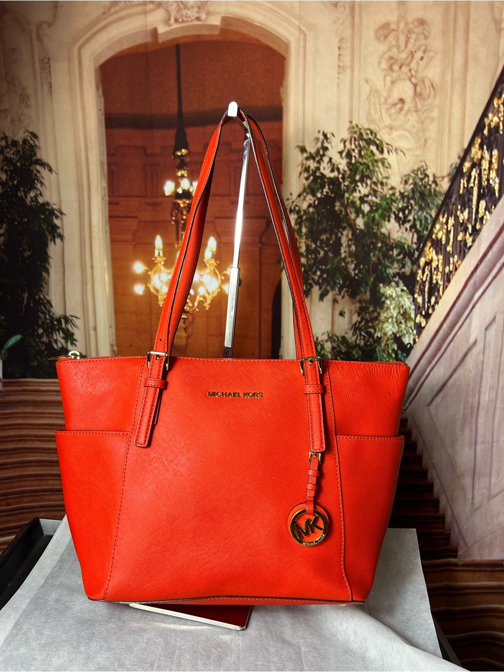 Michael Kors Charlotte Tote Bright Red Saffiano Leather Dangling MK Charm ❤️